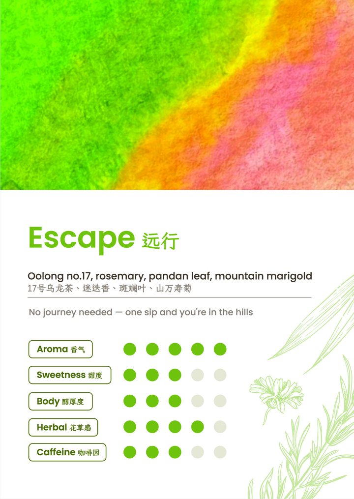 Escape flavour card: oolong, rosemary, pandan leaf and marigold; sweet and aromatic