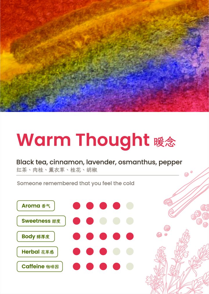 Warm Thought flavour card: black tea, cinnamon, lavender, osmanthus and pepper; grounded and refreshing